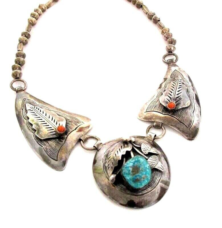 VTG NAVAJO NECKLACE STERLING TURQUOISE CORAL NAVAJO (1 of 6)