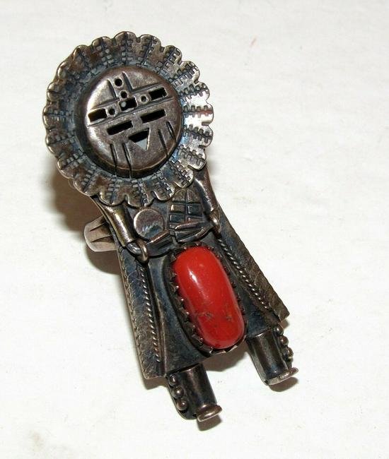 VTG Navajo Sunface Kachina Ring Sterling Coral Size 7.5 (1 of 4)