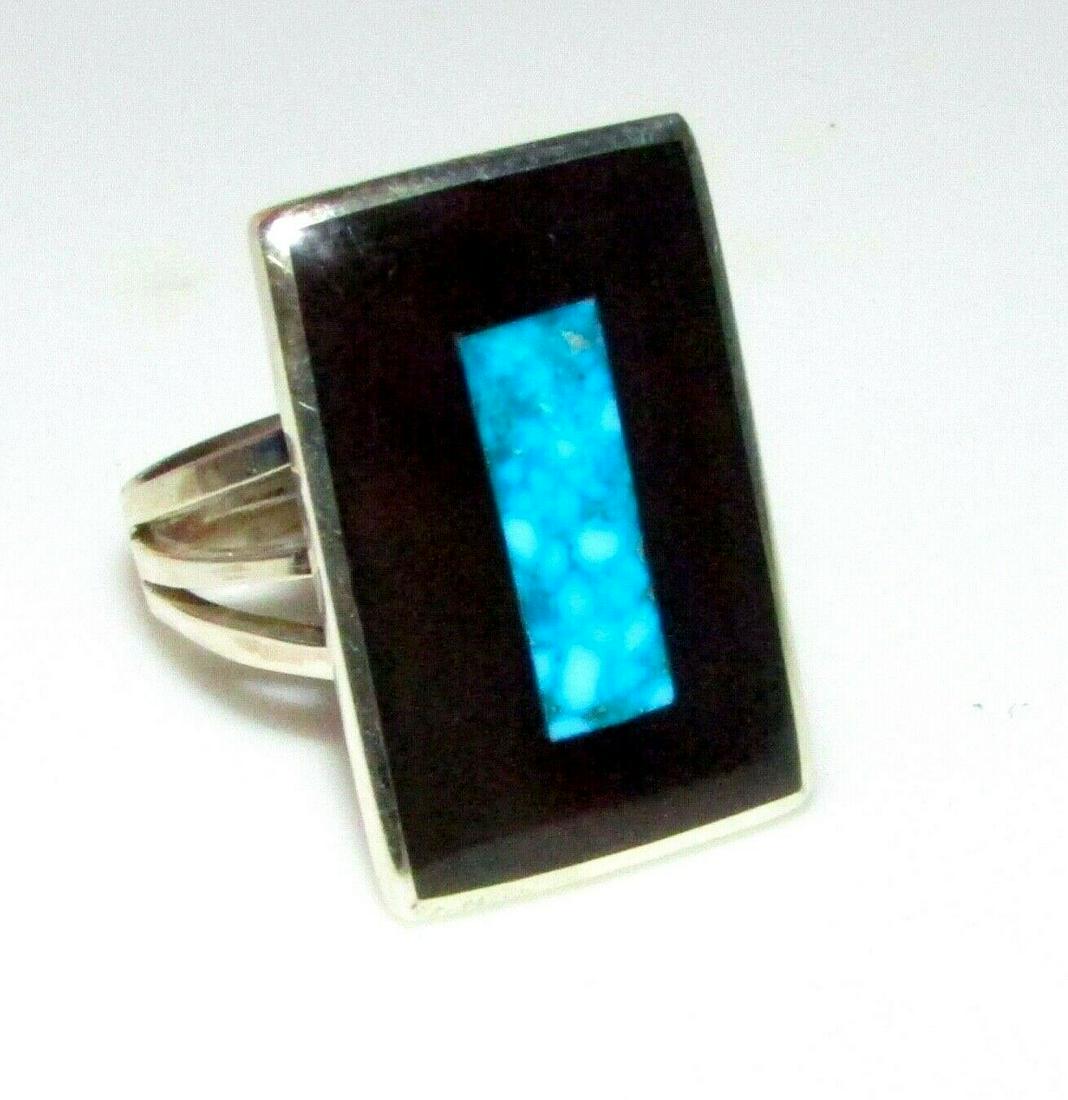 Zuni Jet Turquoise Inlay Ring Size 7 Sterling Silver H. (1 of 4)