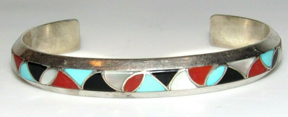 Vintage Zuni Inlay Bracelet Turquoise Coral Mother of (1 of 4)