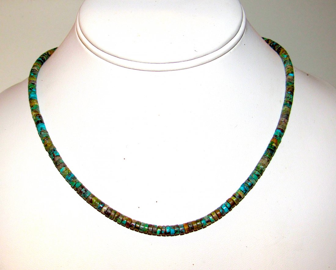 Navajo Rolled Kingman Turquoise Heishi Choker Necklace: Stunning Navajo Kingman turquoise small rolled beads choker necklace with sterling silver clasp. Measures about 16" long. Gorgeous, elegant authentic Native American piece, hand strung by C. Smith wil
