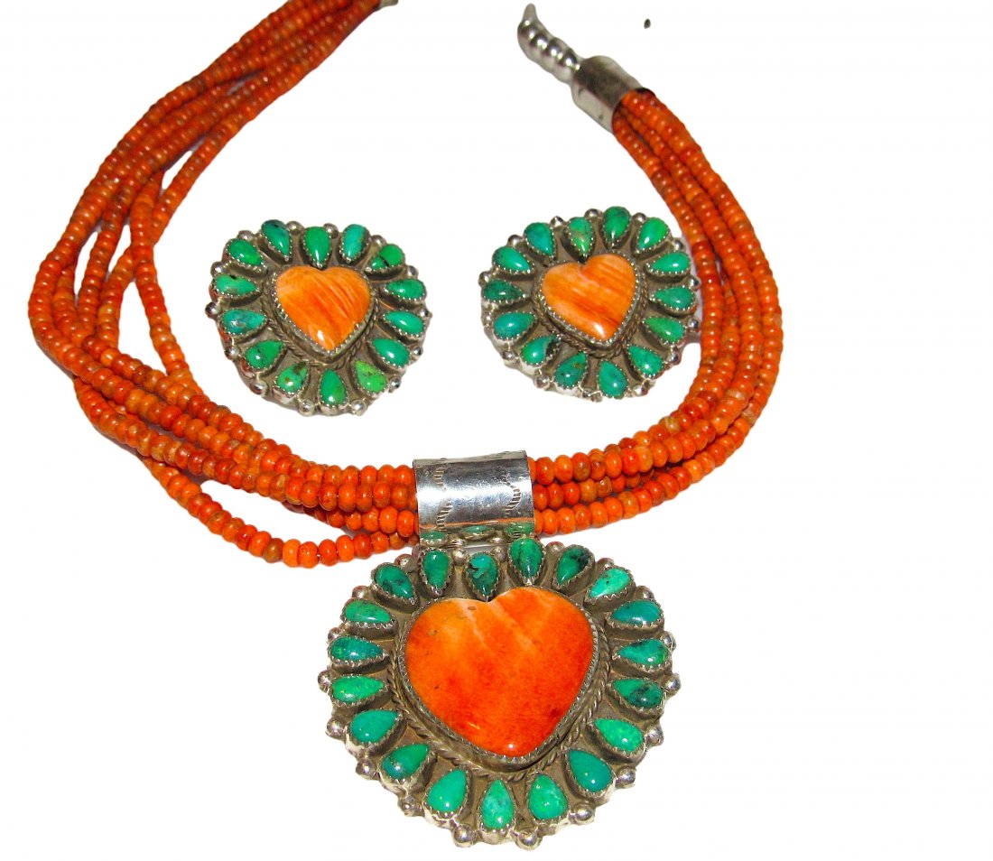Navajo Orange Spiny Turquoise Heart Necklace Earrings (1 of 3)