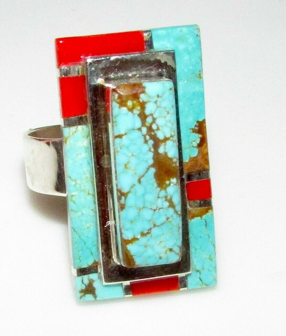 Navajo Number 8 Turquoise Coral Ring Sz 9 Sterling L. (1 of 6)