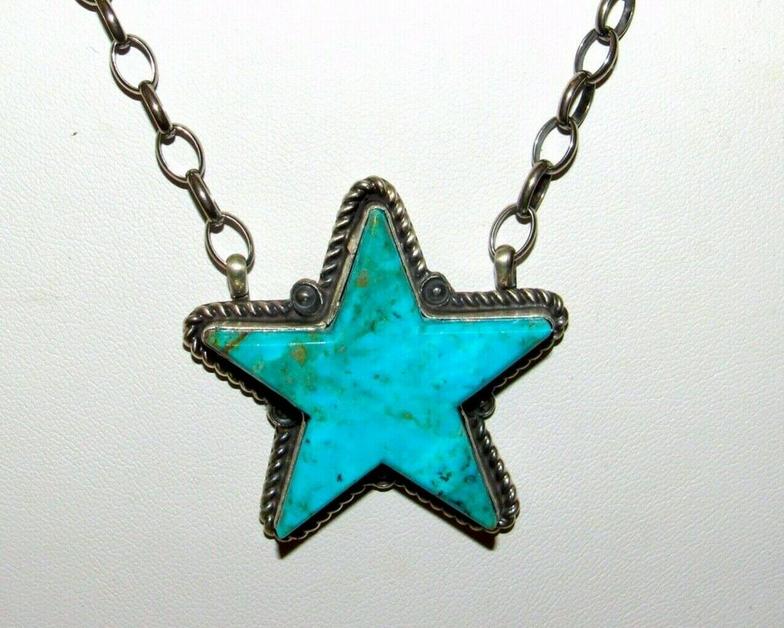Navajo Star Bar Necklace Royston Turquoise Sterling: Calling all superstars! For your consideration is this phenomenal Navajo sterling silver and Royston turquoise star bar necklace. The necklace is about 20" and the length is adjustable from choker to 