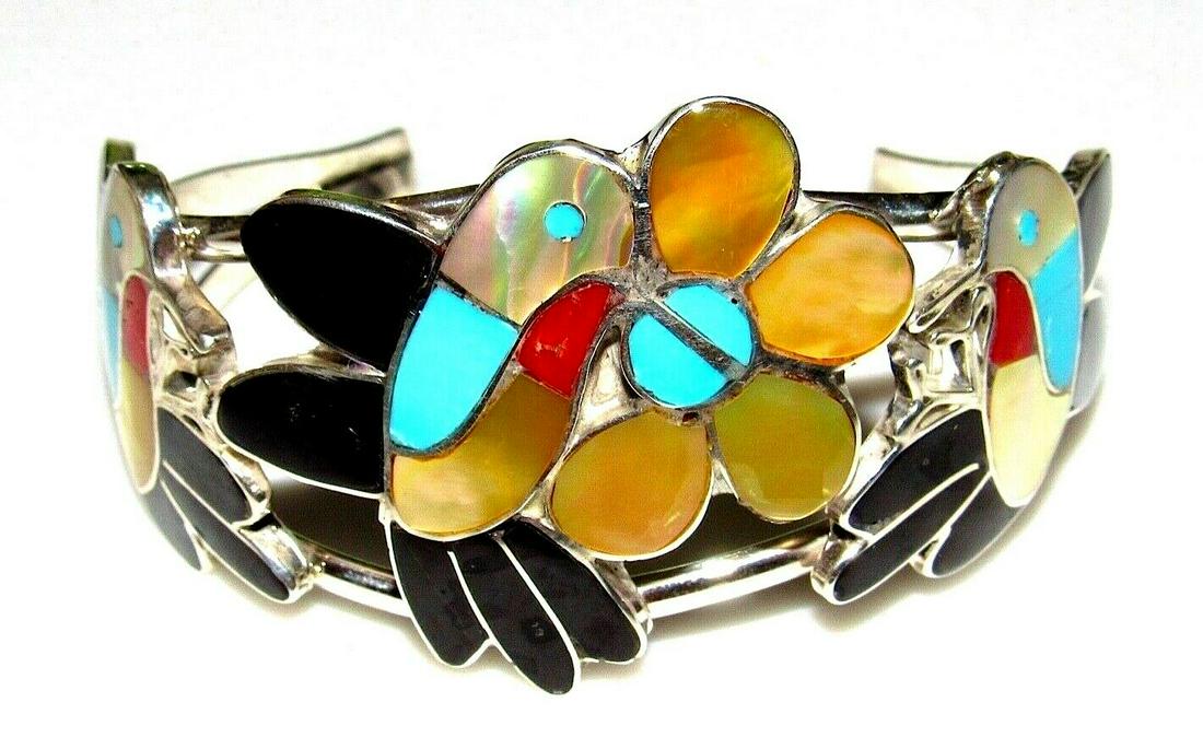 Zuni Hummingbird Inlay Sterling Silver Cuff Bracelet (1 of 4)