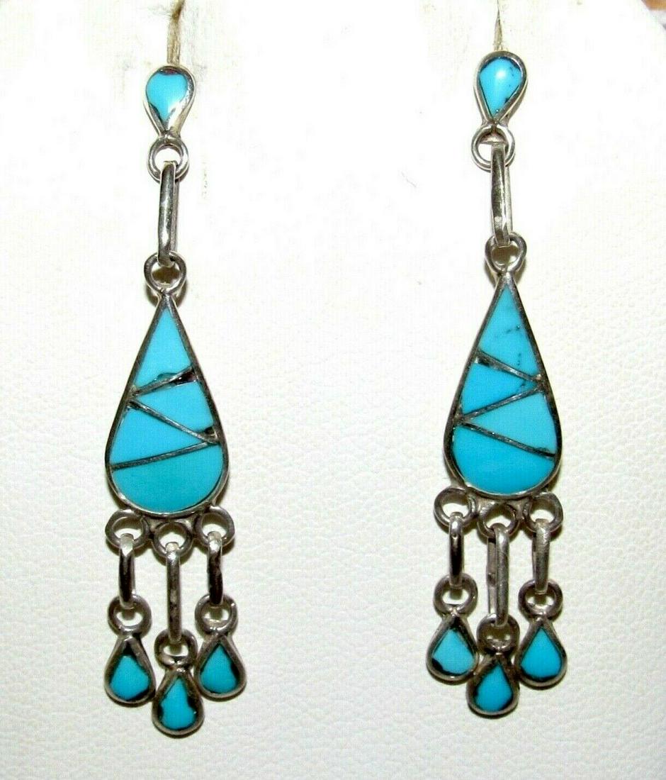 Zuni Turquoise Inlay Dangle Earrings Sterling Silver (1 of 3)