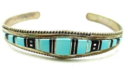 Vintage Zuni Inlay Bracelet Turquoise Jet Sterling (1 of 4)
