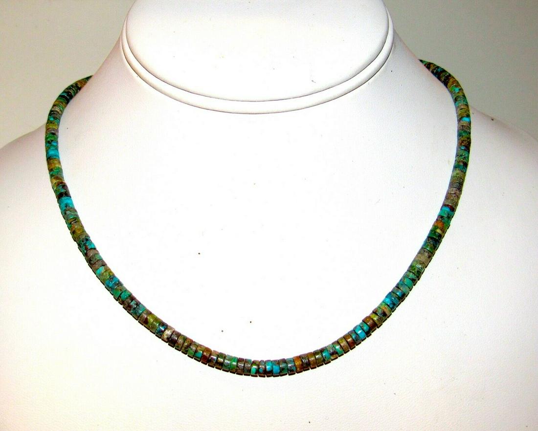 Navajo Rolled Kingman Turquoise Heishi Choker Necklace: Stunning Navajo Kingman turquoise small rolled beads choker necklace with sterling silver clasp. Measures about 16" long. Gorgeous, elegant authentic Native American piece, hand strung by C. Smith wil