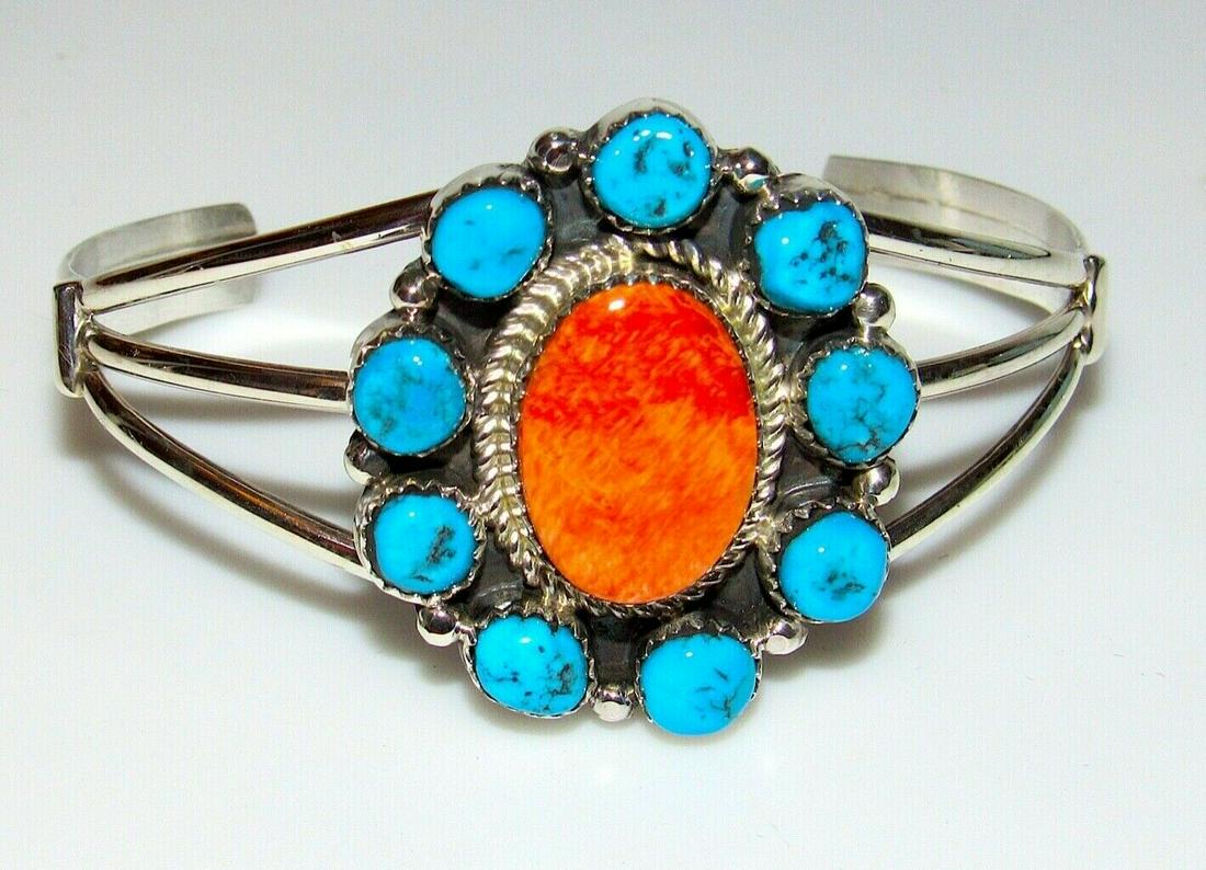Navajo Orange Spiny Kingman Turquoise Cluster Bracelet (1 of 5)