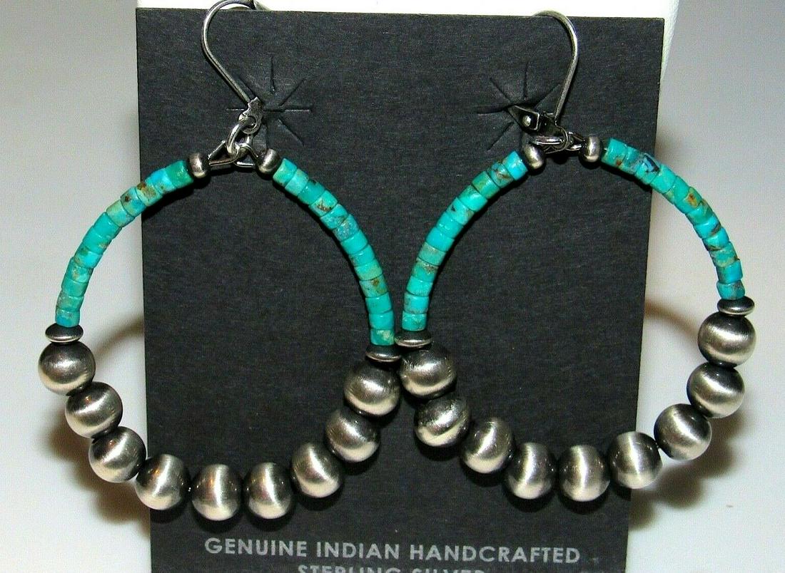 Navajo Rolled Kingman Turquoise & Sterling Navajo: Stunning Navajo Kingman turquoise small rolled beads and sterling silver Navajo pearl beads with satin finish statement hoop earrings by a Navajo artist. The earrings are lever back type and measure a