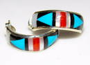 Zuni Inlay Hoop Earrings Turquoise Coral Jet 3/4"