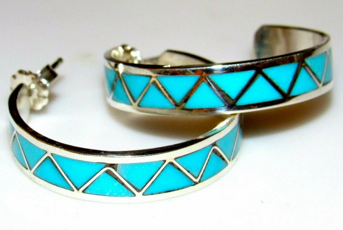 Zuni Turquoise Inlay Hoop Earrings 1 1/4" Diameter: For your consideration is a pair of these fab Zuni sterling silver and Sleeping Beauty mine turquoise inlay statement hoop earrings. These gorgeous pieces feature a classic hoop design, accented with 