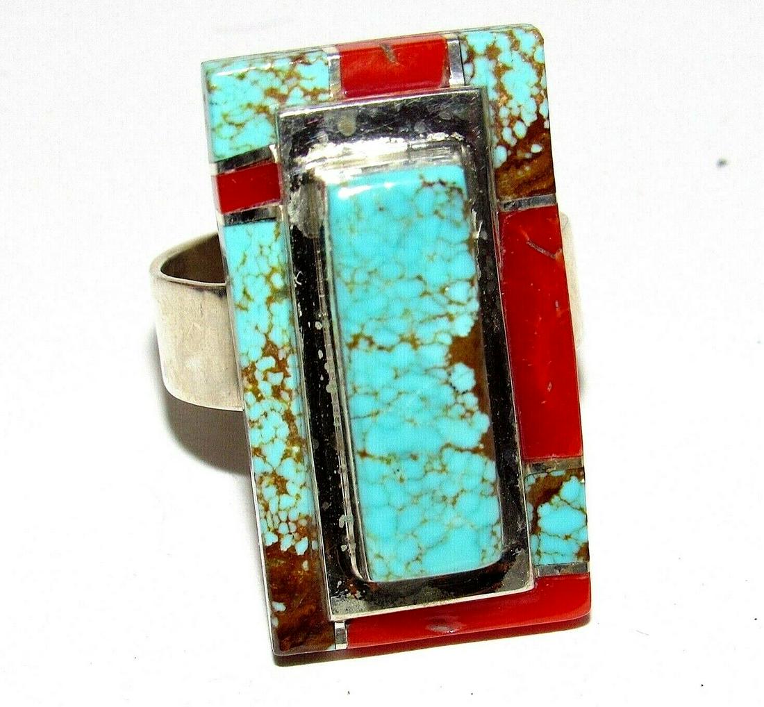 Navajo Number 8 Turquoise Coral Ring Sz 9 Sterling (1 of 5)