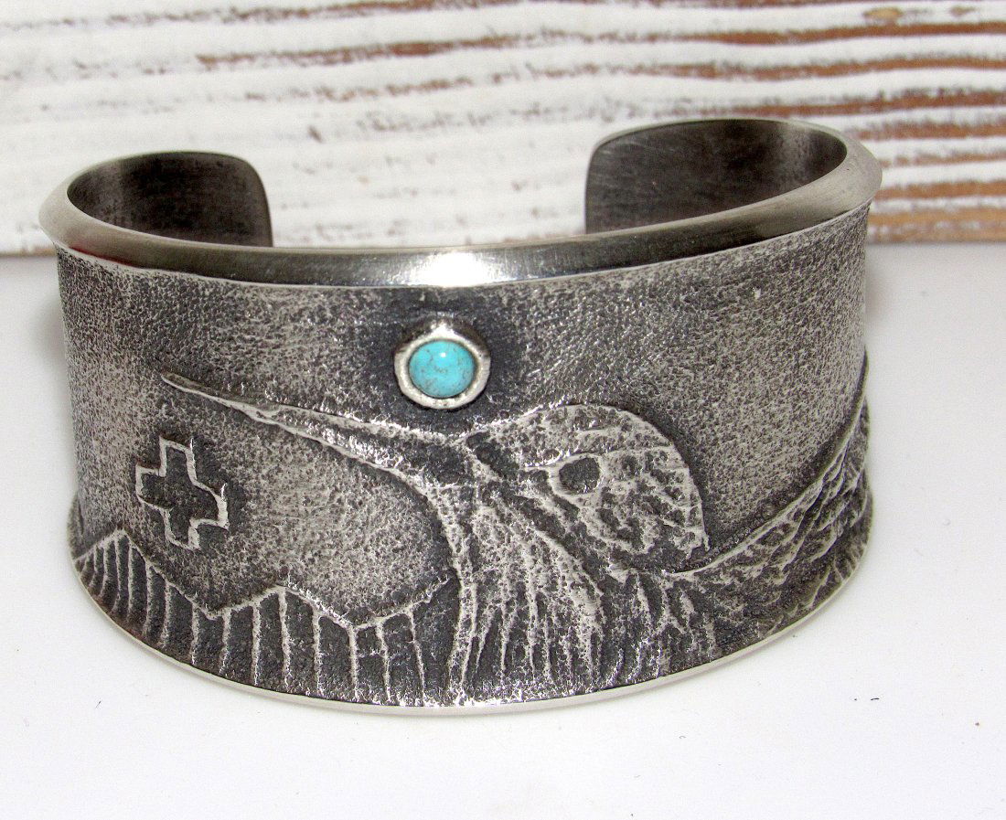 Navajo Tufa Cast Sterling Turquoise Hummingbird Cuff (1 of 7)