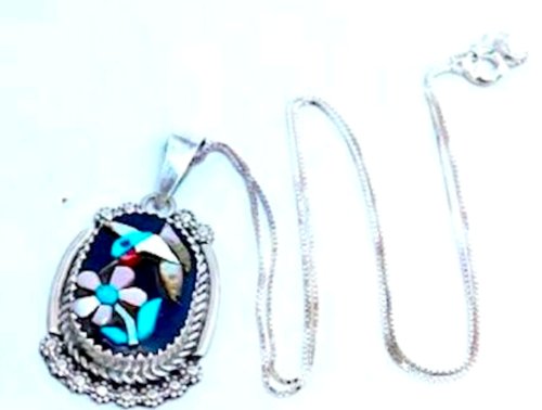Zuni Inlay Hummingbird Pendant Sterling Turquoise Coral (1 of 3)