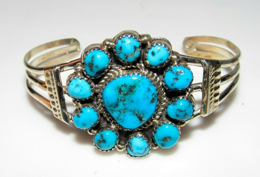Navajo Kingman Turquoise Cluster Bracelet Sterling (1 of 6)