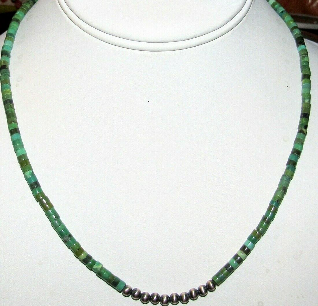 Navajo Rolled Green Kingman Turquoise & Sterling Beads: Stunning Navajo green Kingman turquoise small rolled beads and sterling silver beads choker necklace with sterling silver clasp. Measures about 18" long. Gorgeous, elegant piece that is sure to comple