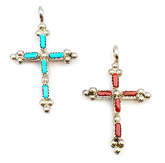 Zuni Turquoise Coral Reversible Cross: Wonderful Zuni Sterling silver, turquoise on one side and coral on the other reversible cross. It measures approximately 1 1/8" long including bail (just over 1/8" opening) by 3/4" wide.