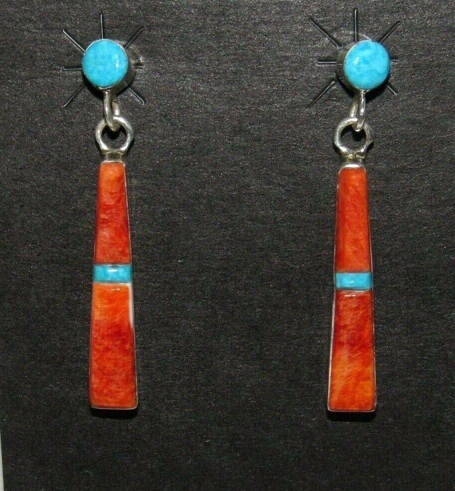 Navajo Turquoise Red Spiny Dangle Earrings Silver (1 of 3)