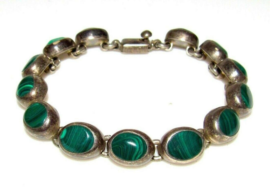 VTG Taxco Mexico 925 Silver Malachite Link Bracelet 7" (1 of 5)