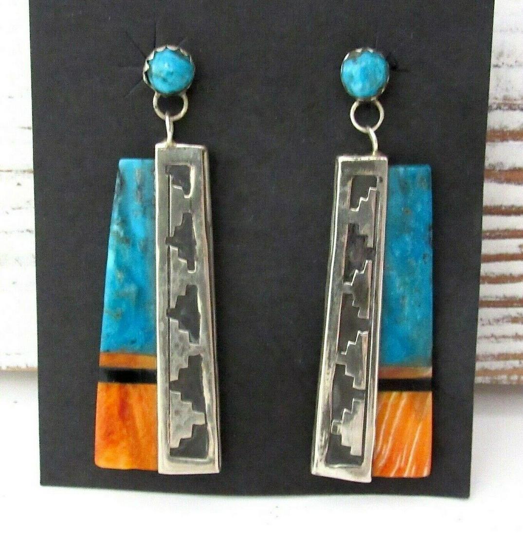 Navajo Turquoise Orange Spiny Earrings Sterling Silver (1 of 5)
