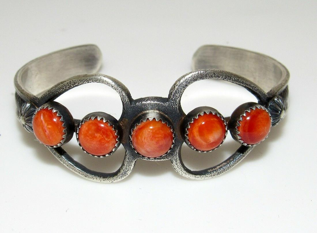 Navajo Orange Spiny Tufa Cast Sterling Silver Heart Cuff Bracelet Signed Native (1 of 5)