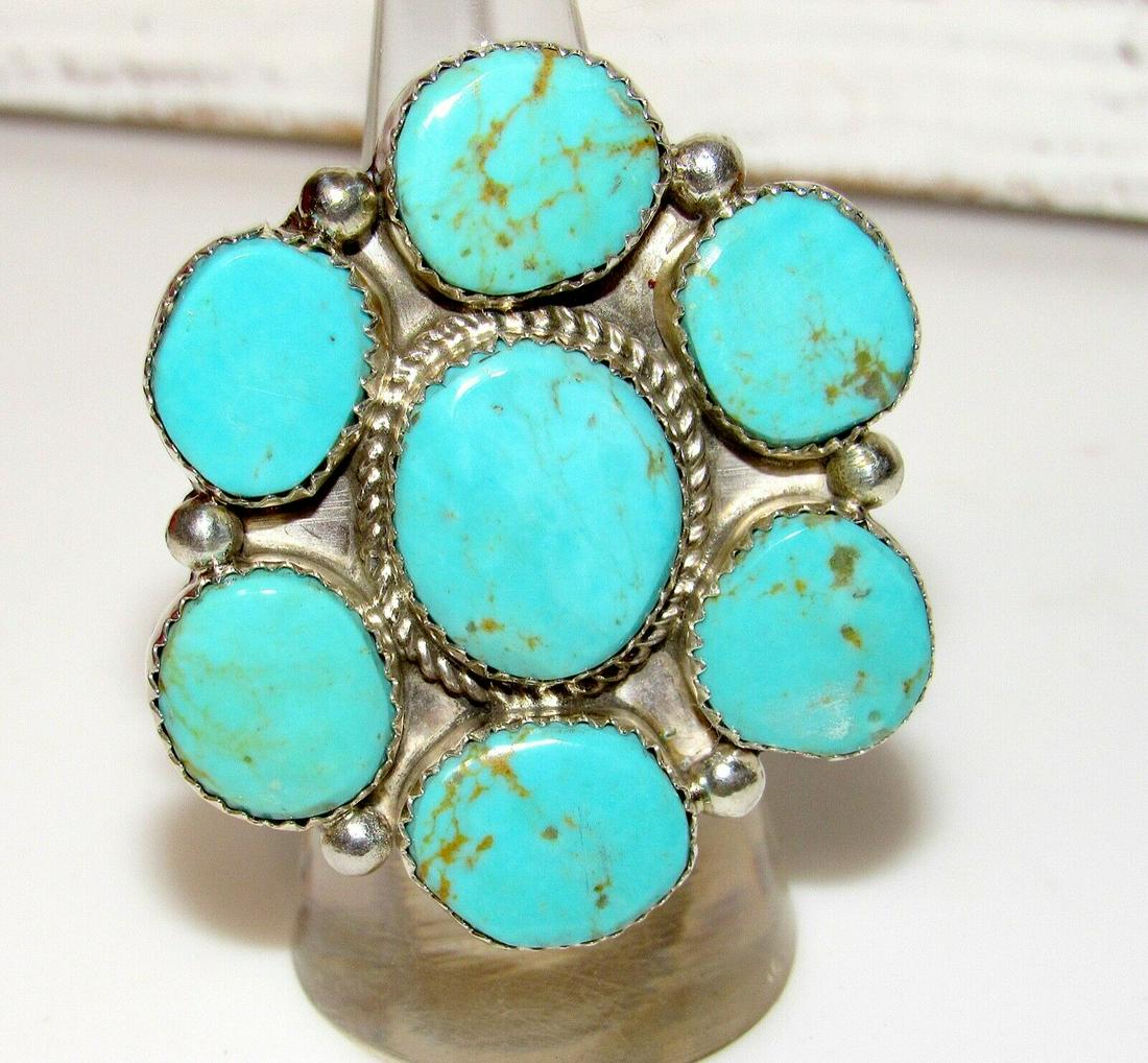 Navajo Royston Turquoise Cluster Ring Sz 8 Sterling Silver Signed Native (1 of 4)