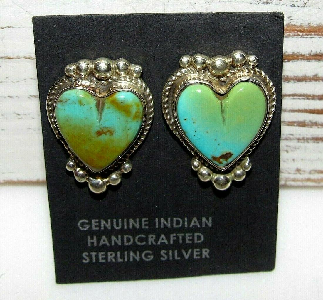 Navajo Turquoise Heart Post Earrings Sterling Silver Signed Native American (1 of 2)