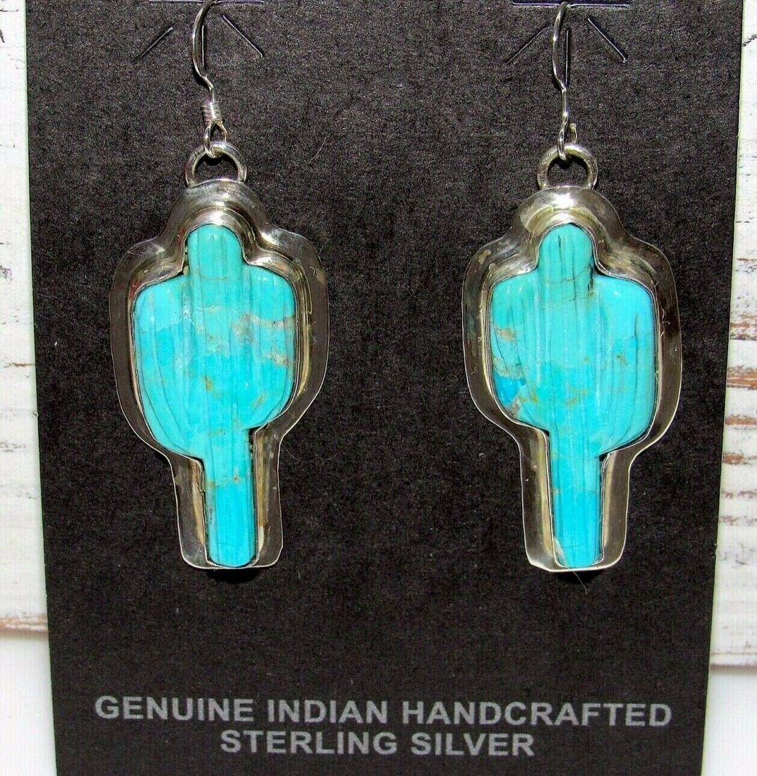 Navajo Turquoise Cactus Earrings Sterling Silver Native American Signed (1 of 6)