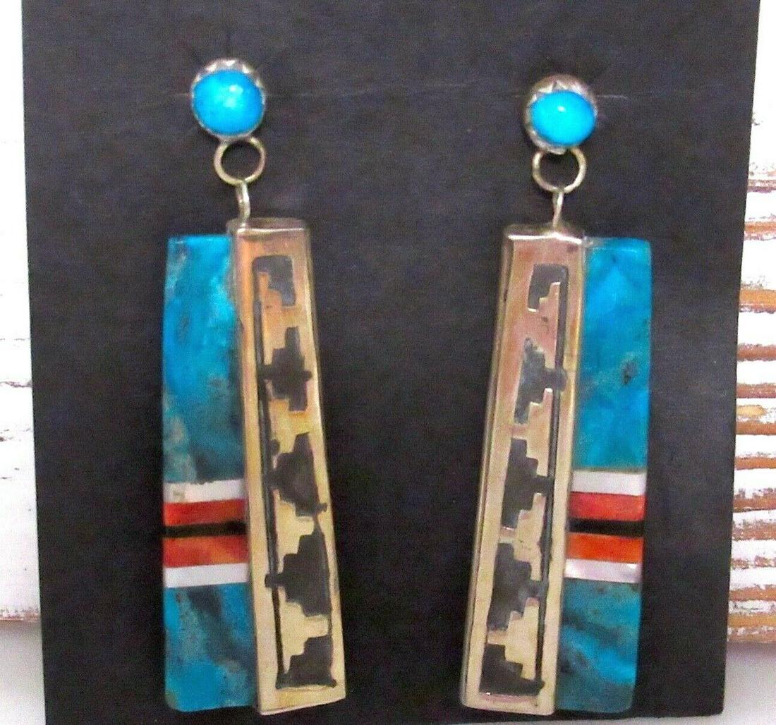 Navajo Turquoise Coral MOP Earrings Sterling Silver Dangles Signed Native (1 of 6)