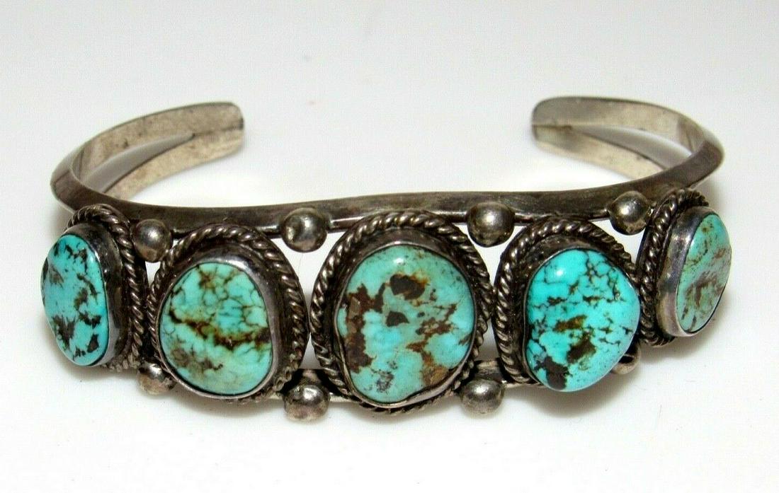 Old Pawn Navajo Turquoise Row Cuff Bracelet Sterling Silver Native American (1 of 6)