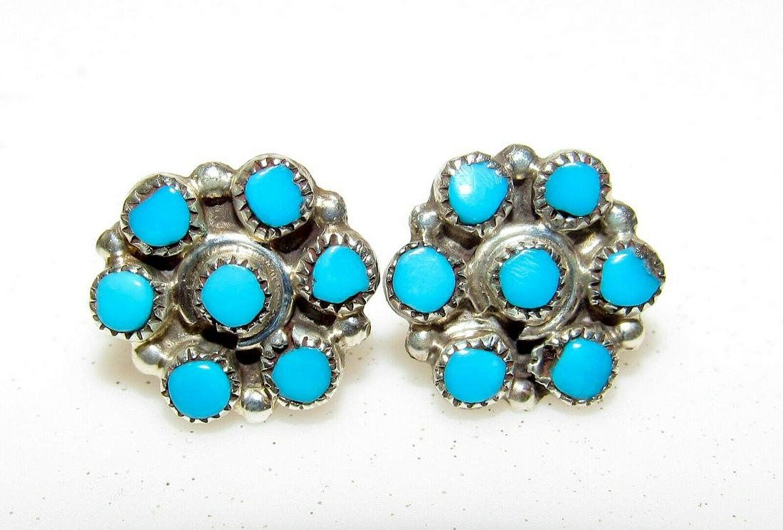 Zuni Turquoise Small Cluster Post Earrings Snake Eye Design: For your consideration is a pair of these wonderful Native American Zuni sterling silver, Sleeping Beauty mine turquoise, small cluster post earrings.