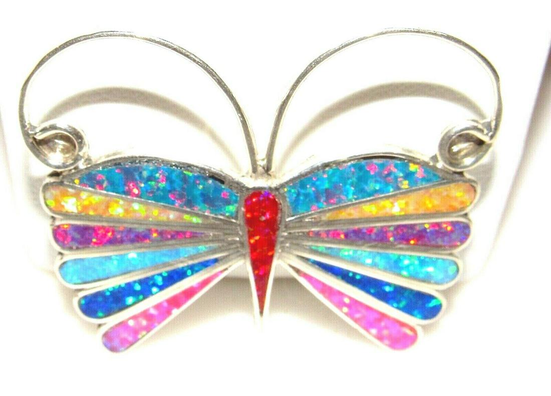 Zuni Opal Inlay Butterfly Pin Pendant Sterling Silver Native American: For your consideration is this stunning Zuni butterfly pin/pendant has been hand etched and inlaid. The butterfly can be used as a pin and a pendant, measures about 1 1/2" x 1 1/4". Wonderful craftsma