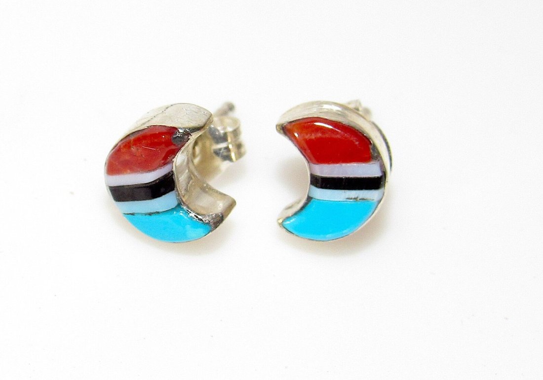 Zuni Inlay Crescent Moon Post Earrings Turquoise Coral Inlay Post Earrings Native American (1 of 3)