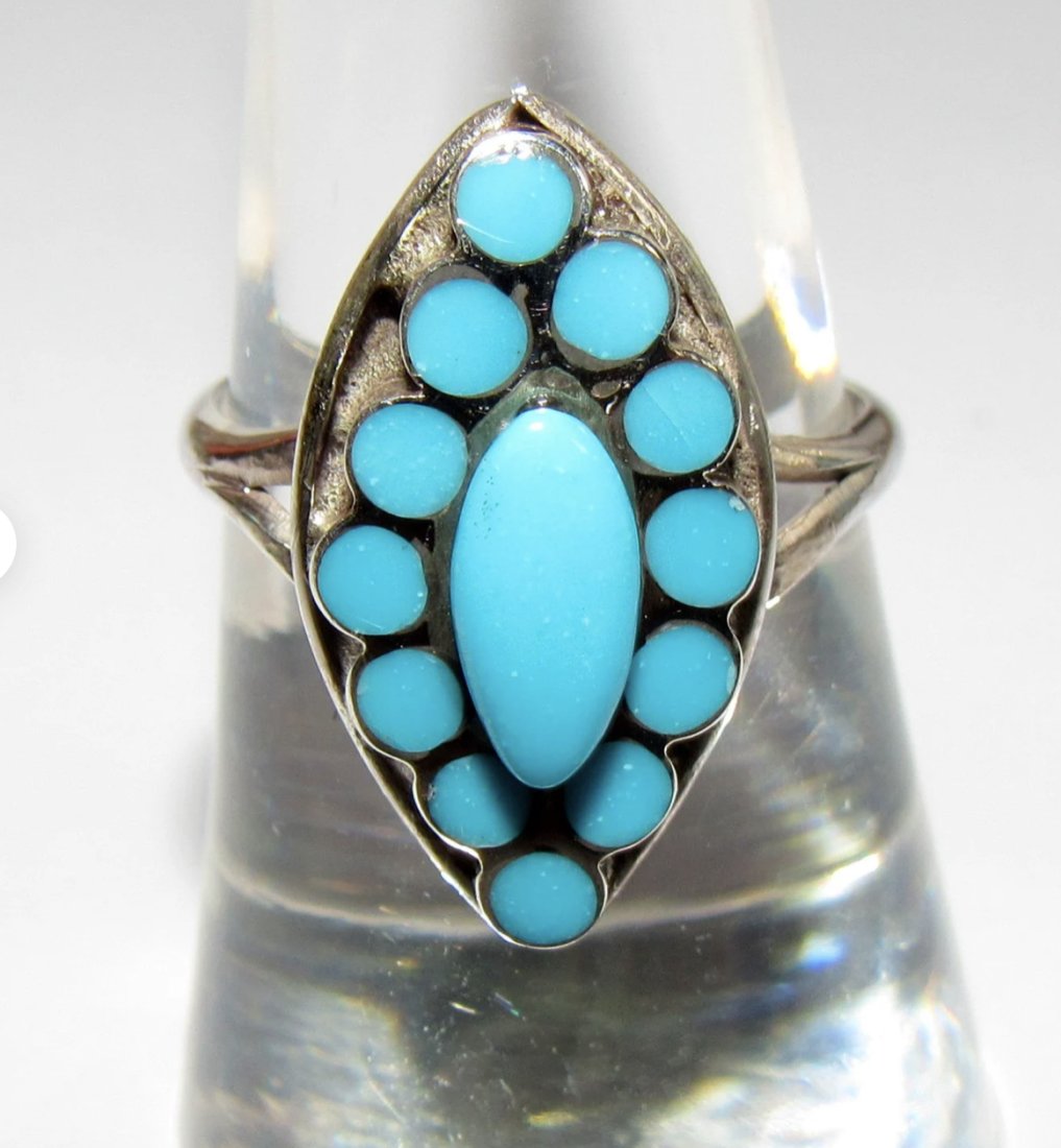 Zuni Dishta Inlay Ring Size 8 Sterling Silver Silver Sleeping Beauty Mine Turquoise Signed Vintage (1 of 3)