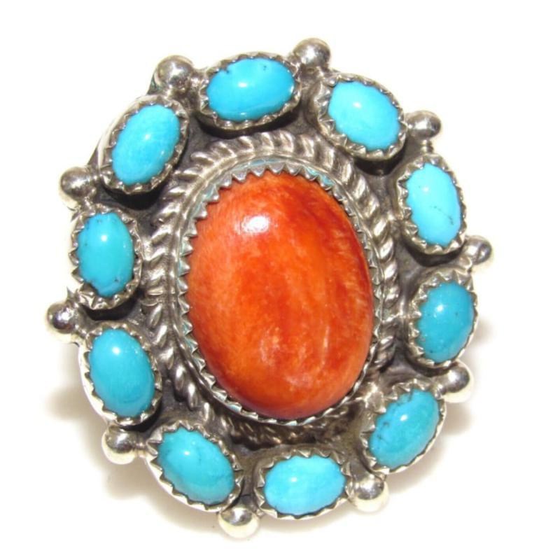Navajo Royston Turquoise Orange Spiny Cluster Ring Sz 6 Sterling Silver Native (1 of 6)