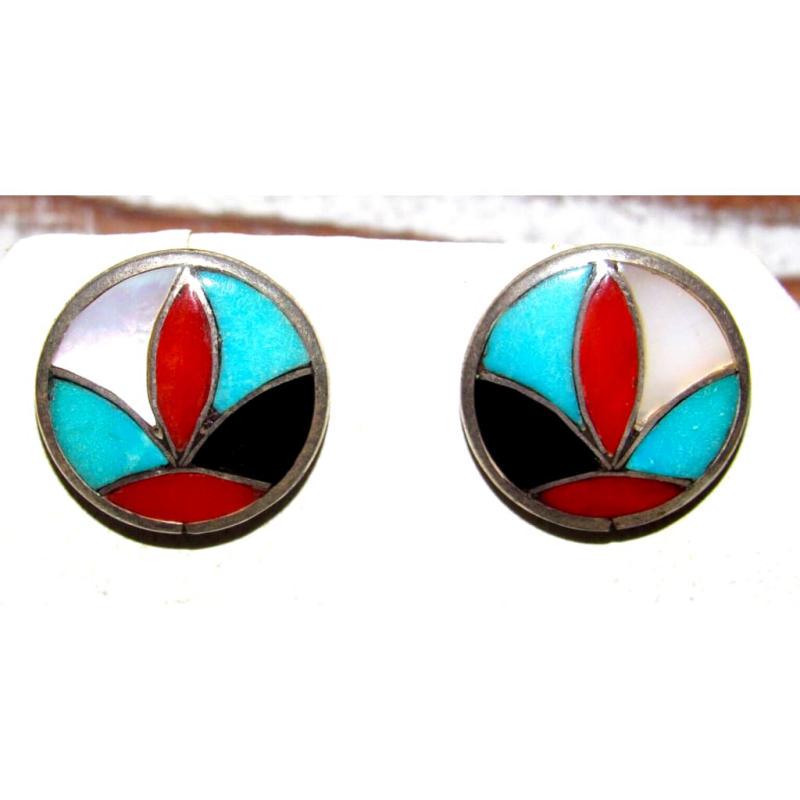 VTG Zuni Turquoise Coral Inlay Post Earrings Sterling Silver Native American (1 of 5)