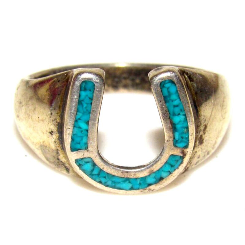 VTG Navajo Horse Shoe Ring Sz 11.5 Turquoise Inlay Sterling Silver Native (1 of 5)