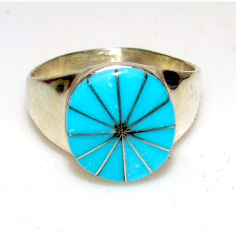 Zuni Turquoise inlay Ring Size 8 Sterling Silver Native American Signed (1 of 4)