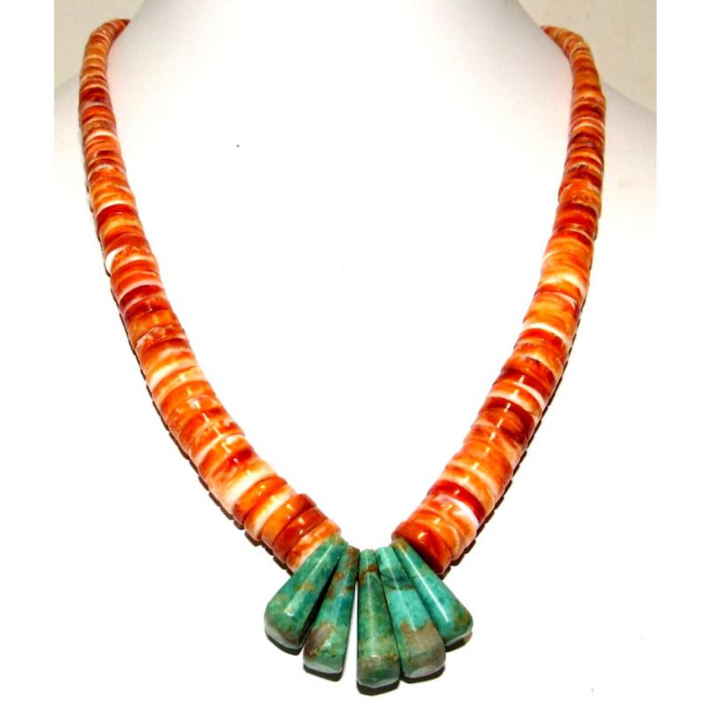 Santo Domingo Orange Spiny Royston Turquoise Heishi Necklace by Lupe Lovato (1 of 3)