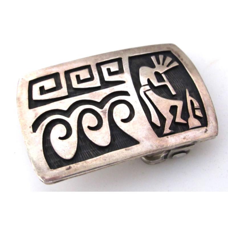 Old Pawn Hopi Sterling Silver Small Belt Buckle WALLIE SEKAYUMPTEWA: Phenomenal vintage Old Pawn Hopi sterling silver small belt buckle by the highly collectible Hopi artist Wallie Sekayumptewa. Wallie produced jewelry between 1948 and 1967.
