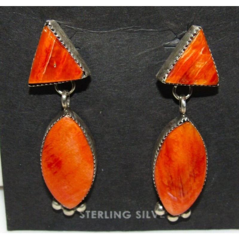 Navajo Spiny Oyster Sterling Silver Dangle Statement Earrings Signed Native (1 of 3)