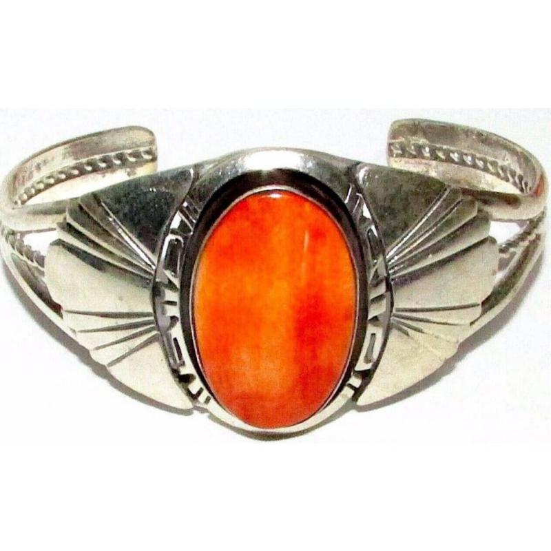 Navajo Orange Spiny Oyster Bracelet Sterling Silver Native American R. Shakey (1 of 6)