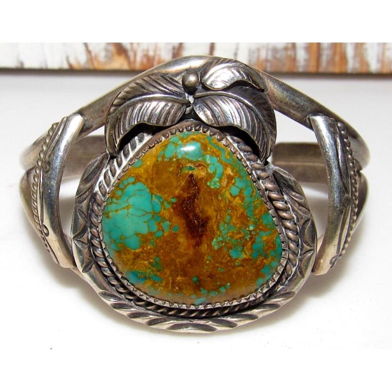 VTG Navajo Dan Chee King's Manassa Turquoise Cuff Bracelet Blossom Design Native (1 of 9)