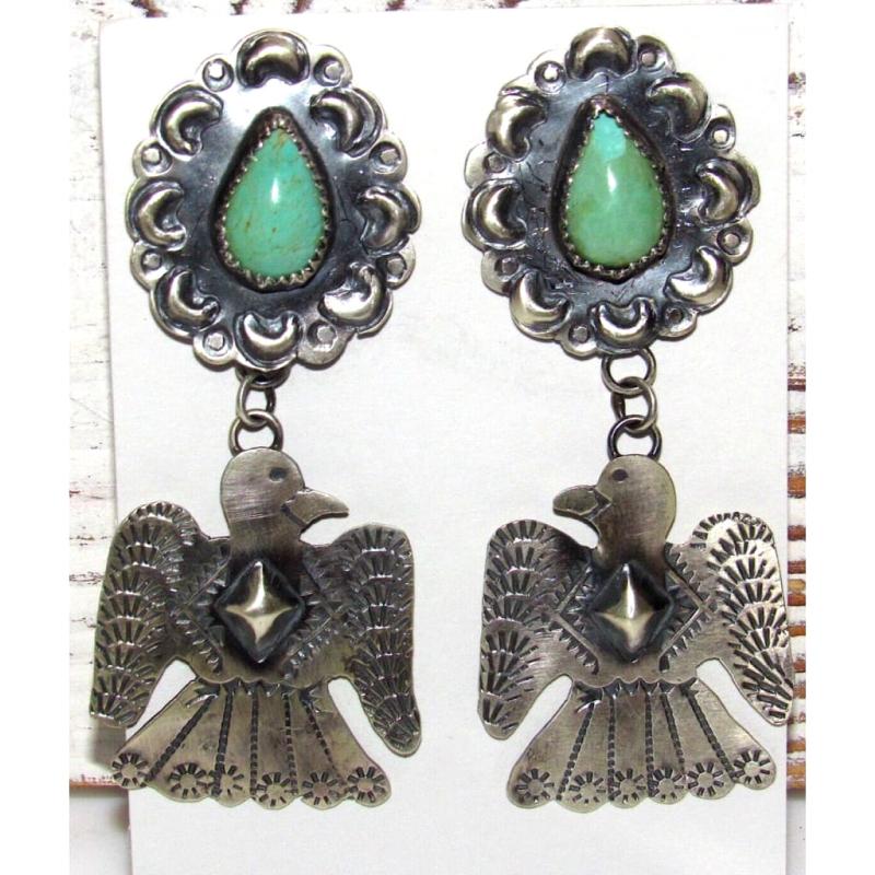 Navajo Thunderbird Dangle Earrings Royston Turquoise Sterling Silver T. Yazzie (1 of 5)