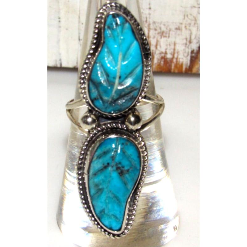 Zuni Carved Turquoise Leaf Ring Size 7 Sterling Silver Native American Signed (1 of 8)