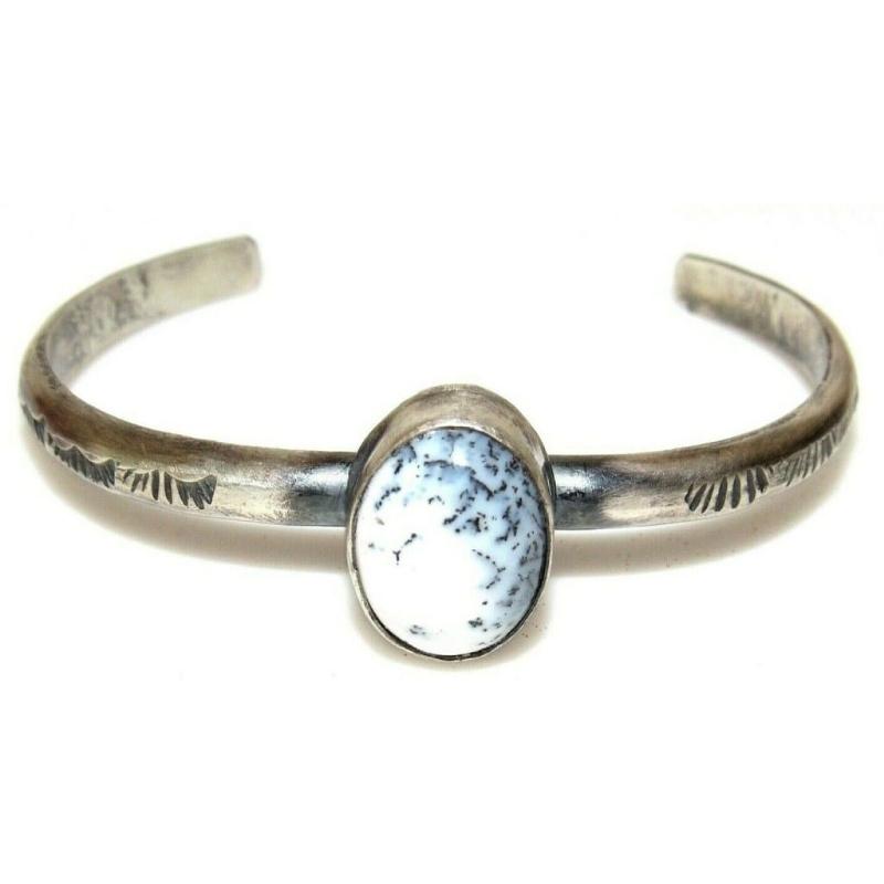 Navajo Dendritic Opal Bracelet Sterling Silver Stacker Cuff G. Nez Sand Cast (1 of 5)