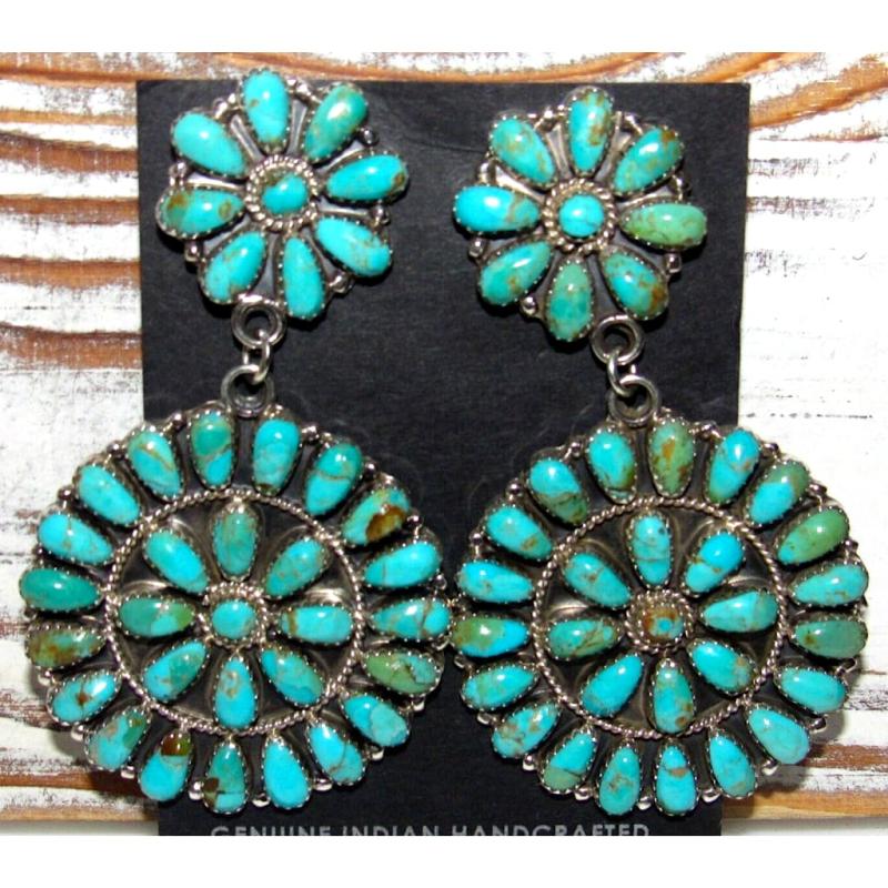 Large Navajo Turquoise Cluster Dangle Earrings Sterling Silver Ophelia Moses (1 of 5)