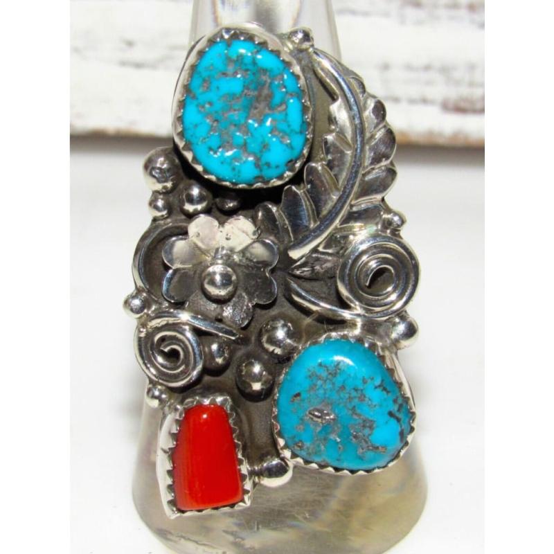 Navajo Kingman Turquoise Coral Ring Sz 8.5 Sterling Native American Signed (1 of 6)