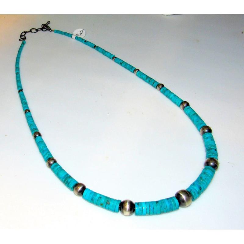 Navajo Rolled Kingman Turquoise & Sterling Beads Heishi Necklace 22" Long (1 of 4)